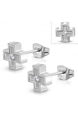 ST0331 - ST Plus Sign Cross Stud Earrings with Clear CZ - - 1 