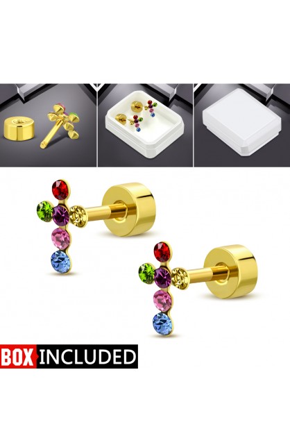 ST0337 - Gold Plated ST Cross Stud Earrings with CZ - - 1 