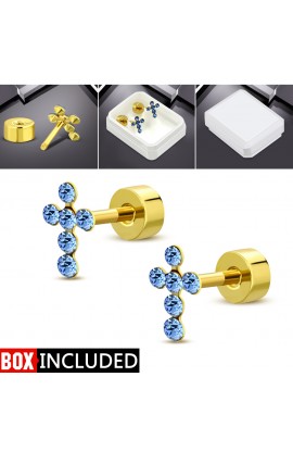 ST0338 - Gold Plated ST Cross Stud Earrings with Blue CZ - - 1 