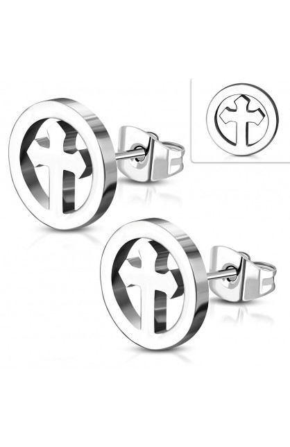 ST0340 - ST Medieval Cross Round Circle Stud Earrings - - 1 