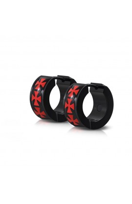 ST0492 - Black Acrylic Red Pattee Cross Hoop Huggie Earrings - - 1 