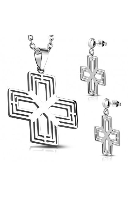 ST0493 - ST Cross Charm Pendant & Pair of Long Drop Stud Earrings - - 1 
