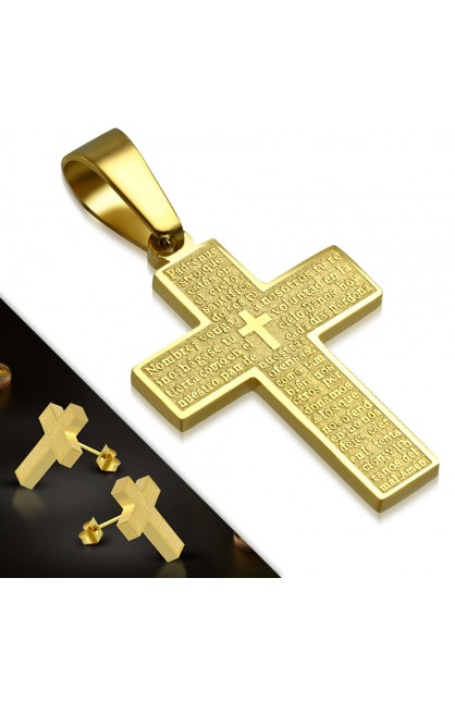 ST0494 - SET Gold Plated ST Lords Prayer In Spanish Cross Pendant Chain & Stud Earrings - - 1 