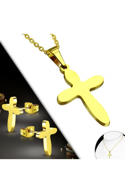 ST0495 - Gold Plated ST Flower Cross Charm Chain Necklace & Stud Earrings - - 1 