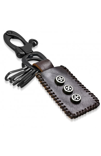 ST0502 - Cross Circle Stud Tag Ring Valet Brown Leather Biker Key Chain - - 1 