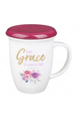 MUG601 - Mug Lidded Burg His Grace Is Enough 2 Cor 12:9 - - 1 