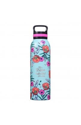 Water Bottle SS Teal Flowers His Grace is Sufficient 2 Cor. 12:9