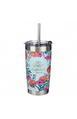 Mug SS Travel Teal Floral His Grace is Sufficient 2 Cor 12:9