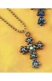 30-5854T - GREEN FLORAL STONE CROSS NECKLACE - - 1 