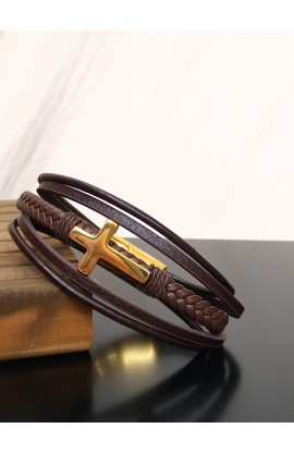 SC0210 - GOLD PLATED CROSS BROWN LEATHER BRACELET - - 1 