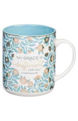 Mug My White Teal Floral Grace is Sufficient 2 Cor 12:9