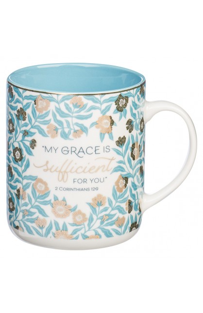 MUG774 - Mug My White Teal Floral Grace is Sufficient 2 Cor 12:9 - - 1 