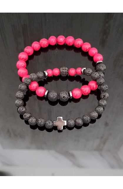 SC0233 - RED BLACK BEAD CROSS DOUBLE LINE BRACELET - - 1 