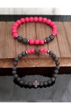 SC0233 - RED BLACK BEAD CROSS DOUBLE LINE BRACELET - - 2 