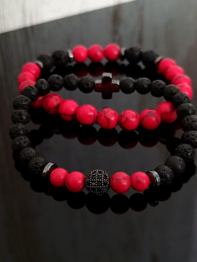 Kolbeinn - 8mm - Black Lava Stone Beaded Stretchy Bracelet with Gun Black Leopard & Faceted Red Imitation Coral Beads