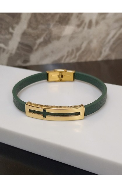 SC0249 - CROSS FISH GREEN LEATHER BRACELET GOLD PLATED - - 1 