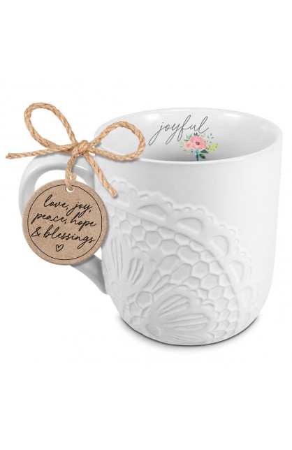 LCP18458 - Mug Lace Textured Joyful White 16 oz - - 1 
