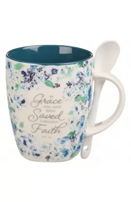 Mug with Spoon White Blue Floral By Grace Eph 2:8