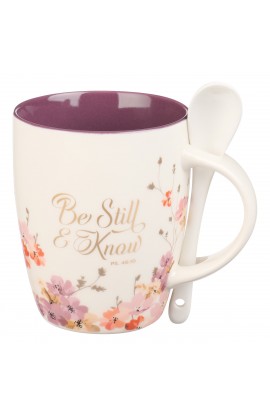 Mug with Spoon White Purple Floral Be Still Ps 46:10