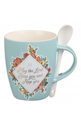 MUG854 - Mug with Spoon White Teal Floral The Lord Bless You Num 6:24 - - 1 
