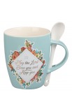 MUG854 - Mug with Spoon White Teal Floral The Lord Bless You Num 6:24 - - 1 