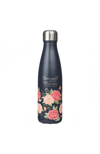 Water Bottle SS Navy Floral Strength & Dignity Prov. 31:25