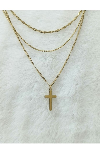 TRIPLE CHAIN CROSS NECKLACE GOLD