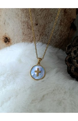 SC0296 - CROSS LIGHT COLOR ROUND SHELL NECKLACE GOLD - - 1 