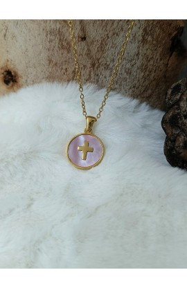 SC0294 - CROSS WHITE ROUND SHELL NECKLACE GOLD - - 1 