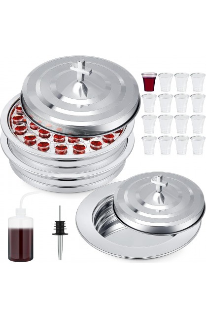 Communion Set Trays with Lid Communion Plates with Lid Cups Filler and Disposable Cups Supplies(3 Pcs,Silver)