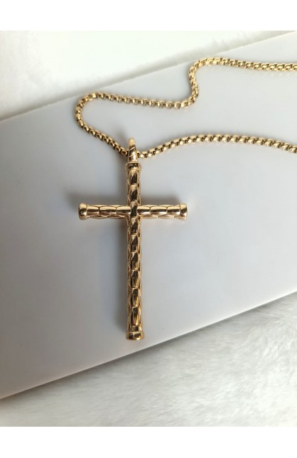 SC0341 - BAMBOO STYLE CROSS NECKLACE GOLD PLATED - - 1 