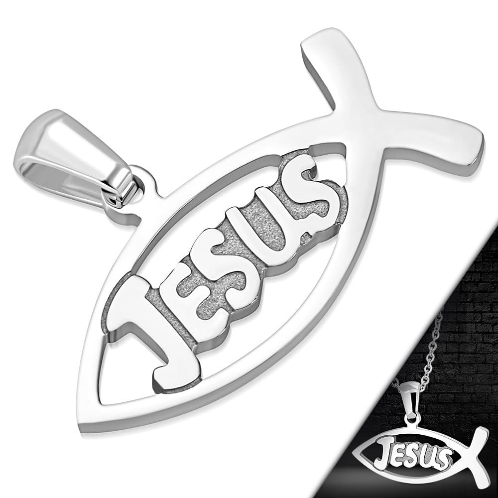 ST Cut out Jesus Monogram Fish Pendant - 1