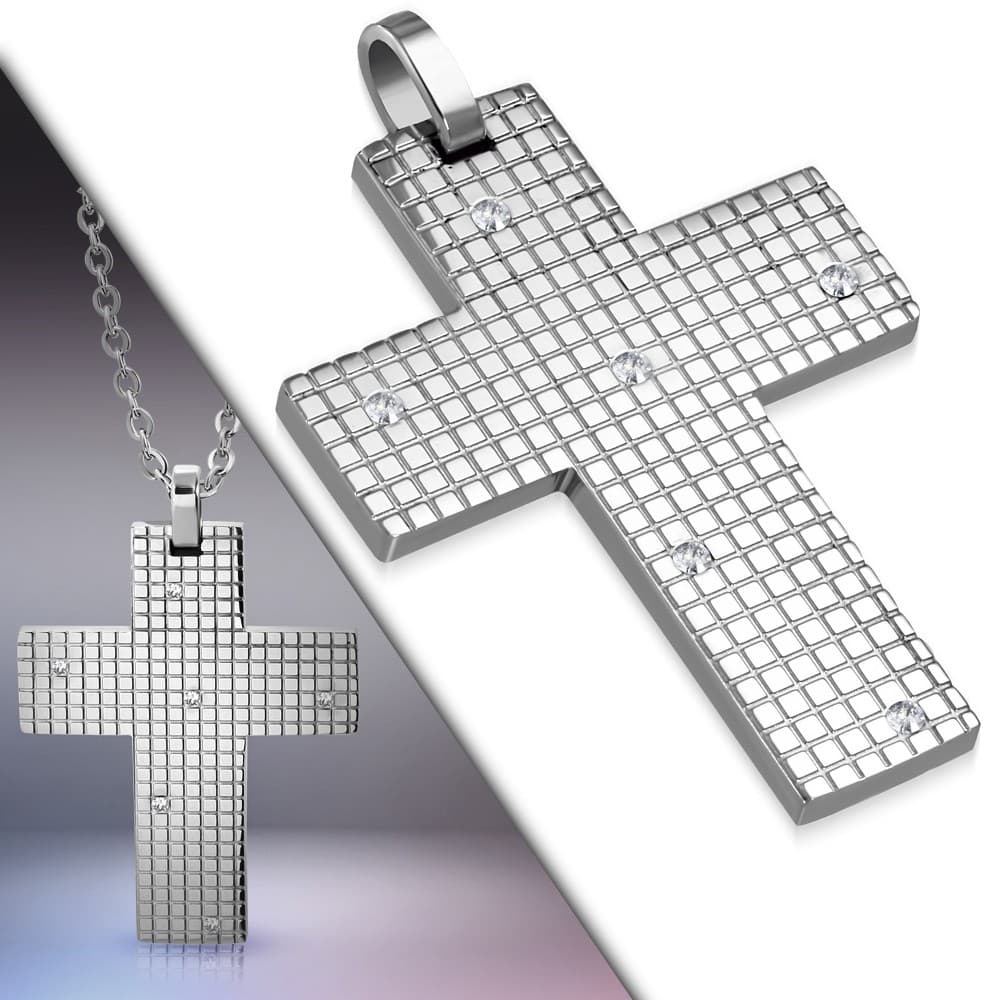 ST Grid Cross Charm Pendant w/ Clear CZ - 1