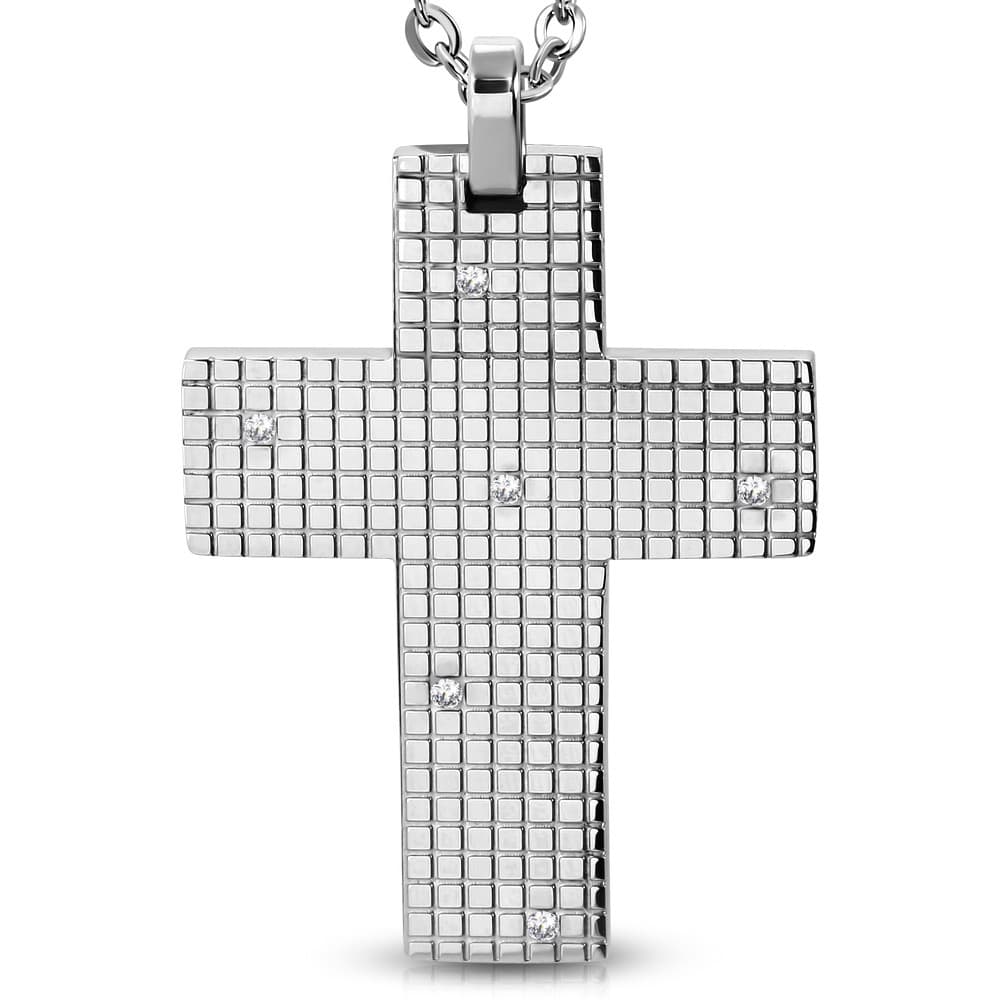 ST Grid Cross Charm Pendant w/ Clear CZ - 2