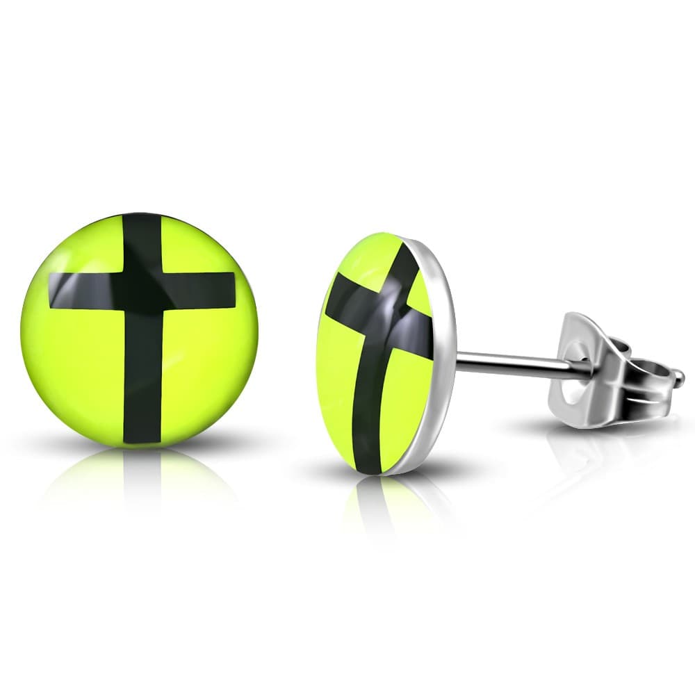 ST Acrylic Cross Lemon Green Round Circle Stud Earrings