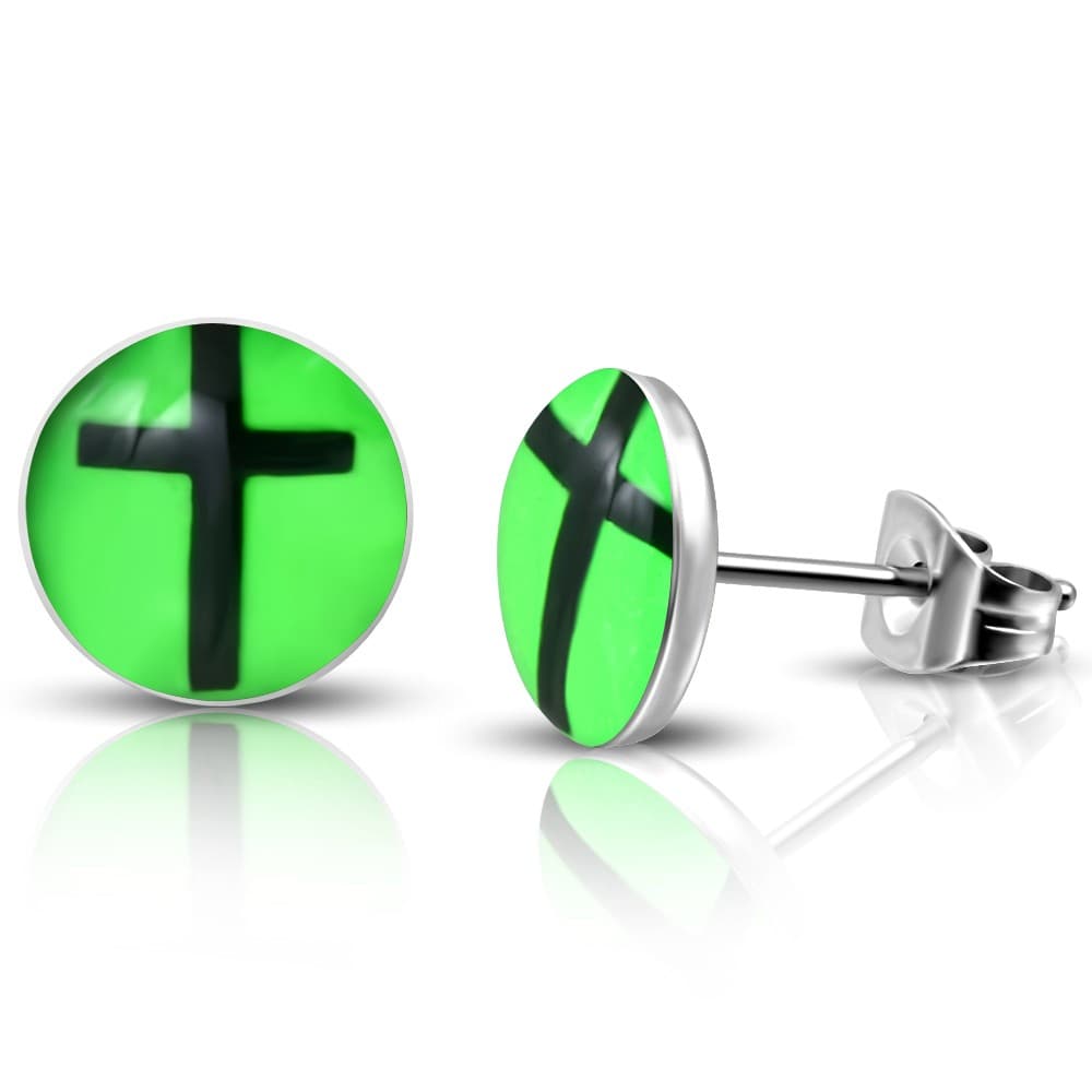 ST Acrylic Cross Green Round Circle Stud Earrings