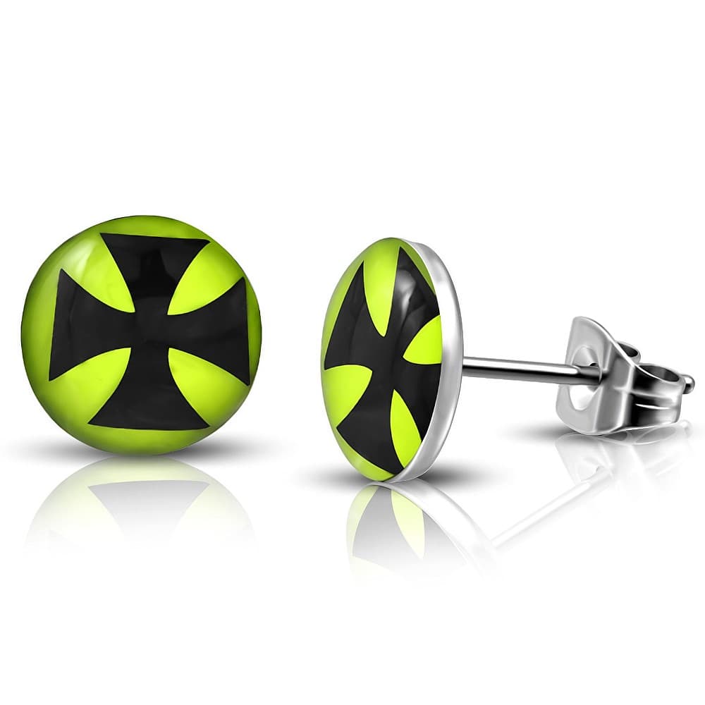 ST Acrylic Cross Lemon Green Round Circle Stud Earrings