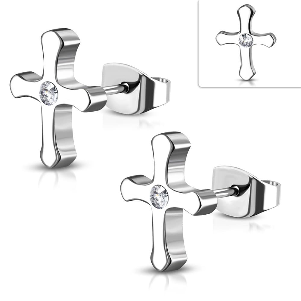 ST Medieval Cross Stud Earrings Clear CZ