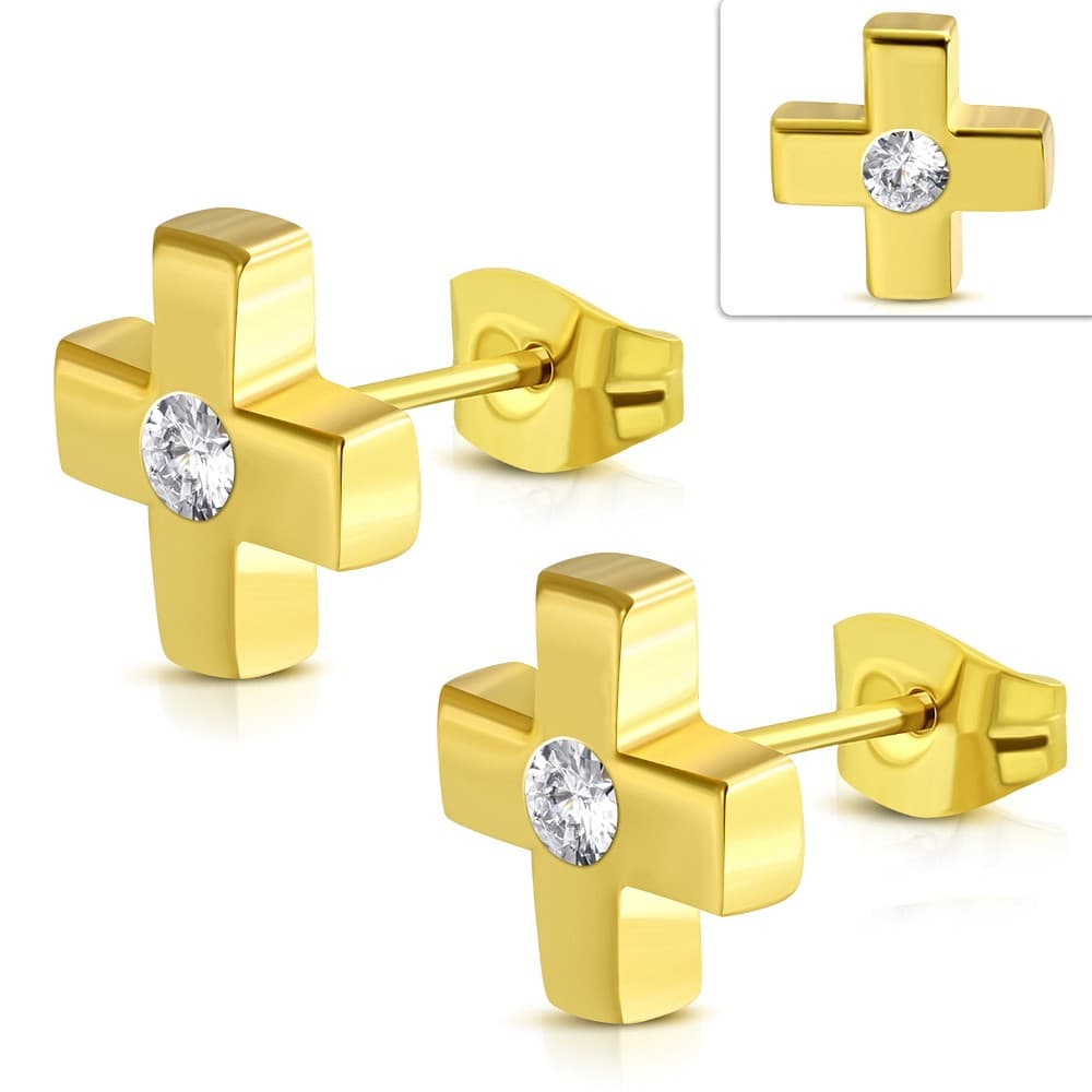 Gold Plated ST Cross Stud Earrings Clear CZ