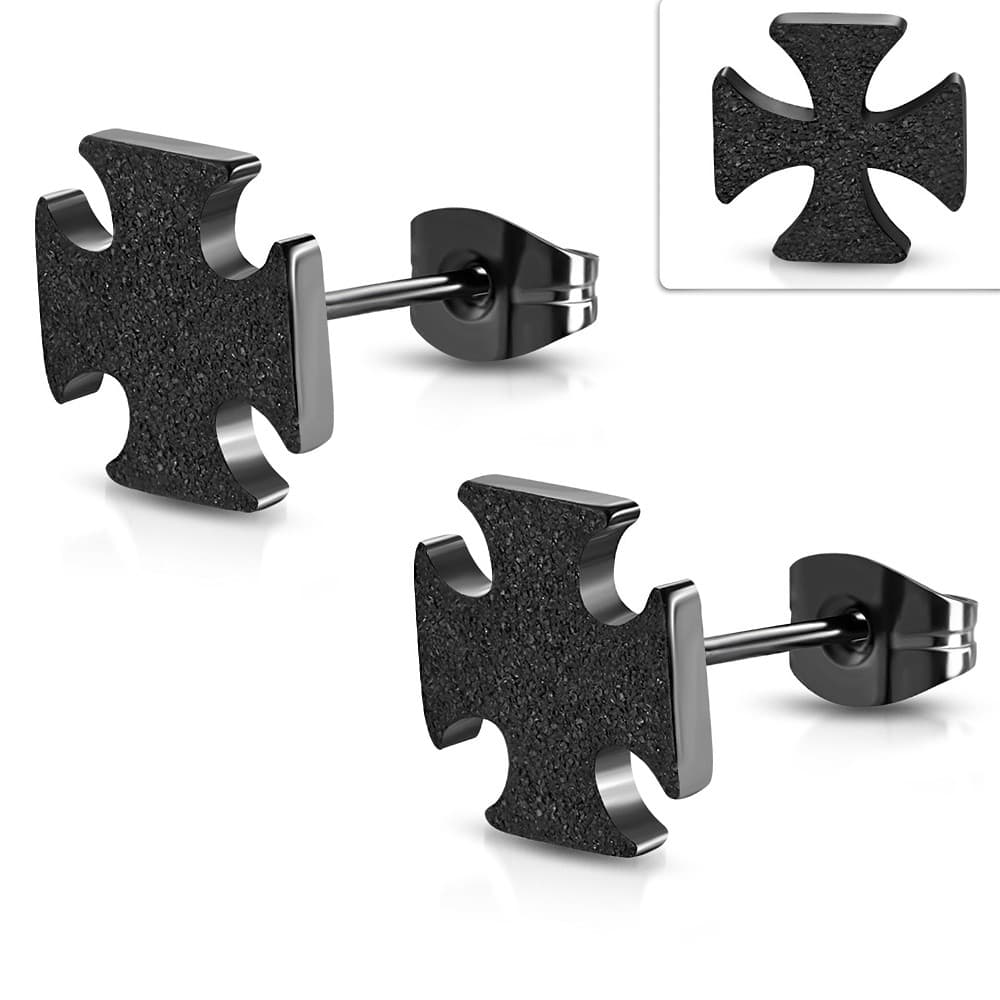 Black ST Sandblasted Pattee Cross Stud Earrings