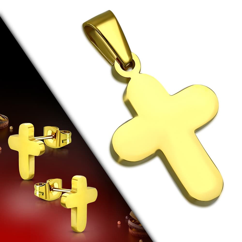 Gold Plated ST Cross Charm Pendant & Stud Earrings