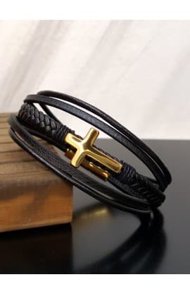GOLD CROSS BLACK LEATHER BRACELET thumbnail 2