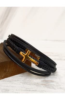 GOLD CROSS BLACK LEATHER BRACELET thumbnail 6