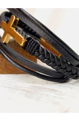GOLD CROSS BLACK LEATHER BRACELET thumbnail 5