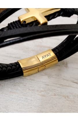 GOLD CROSS BLACK LEATHER BRACELET thumbnail 4