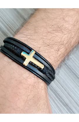 GOLD CROSS BLACK LEATHER BRACELET thumbnail 3