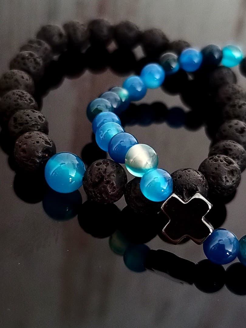 BLUE BLACK BEAD CROSS DOUBLE LINE BRACELET - 5