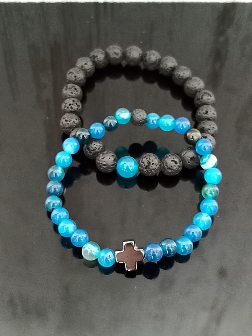 BLUE BLACK BEAD CROSS DOUBLE LINE BRACELET - 1