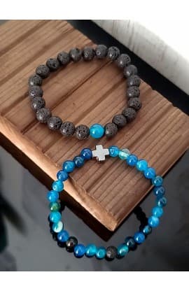 BLUE BLACK BEAD CROSS DOUBLE LINE BRACELET thumbnail 7