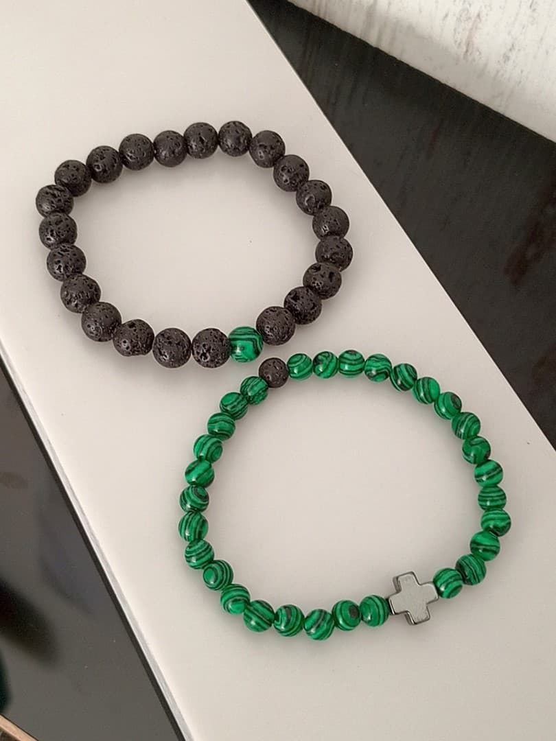 DARK GREEN BLACK BEAD CROSS DOUBLE LINE BRACELET - 4